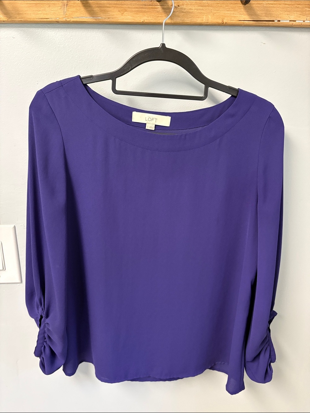 LOFT Deep Purple Boatneck Blouse with Tie Cuffs